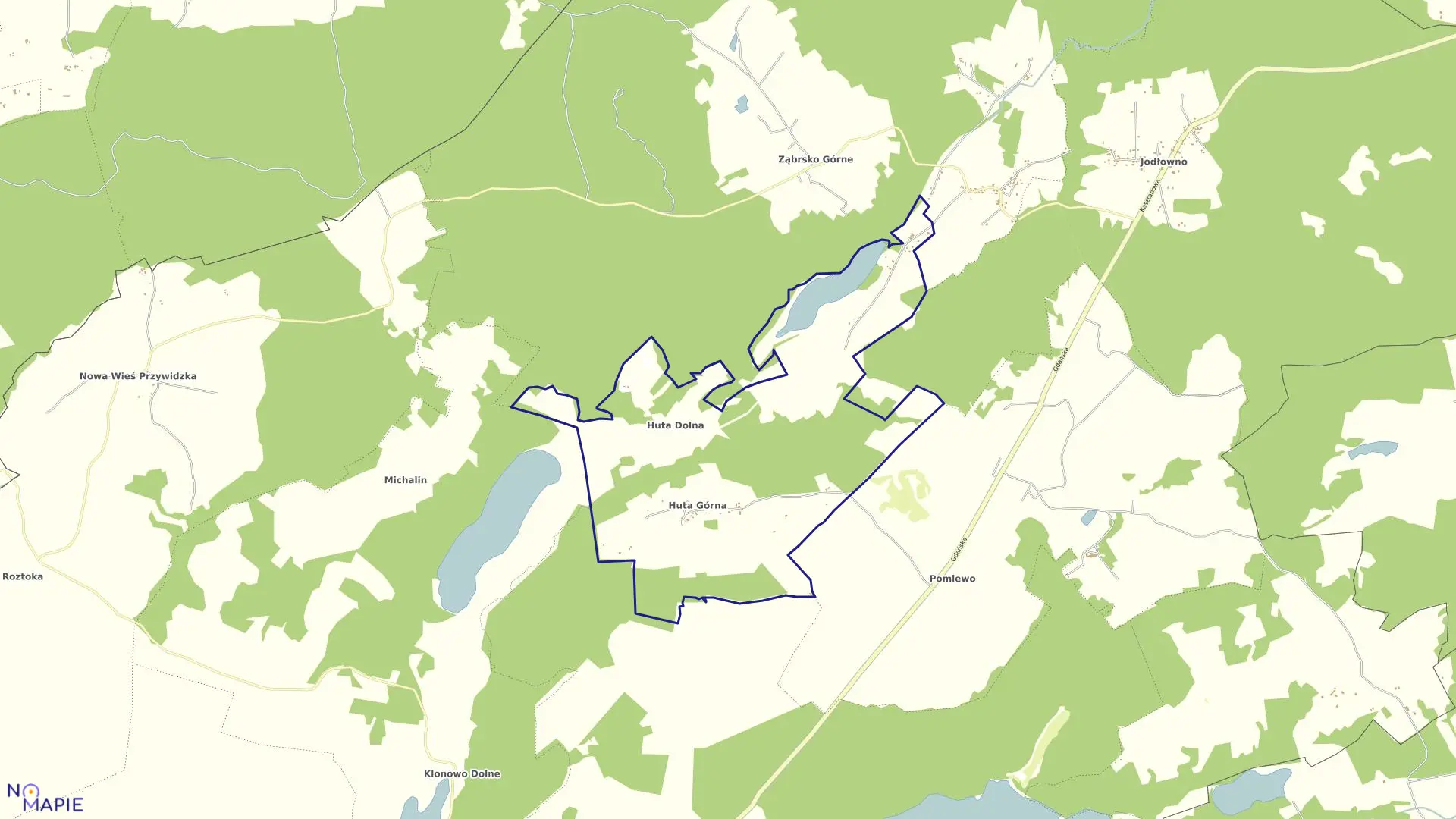 Mapa obrębu Huta Dolna w gminie Przywidz