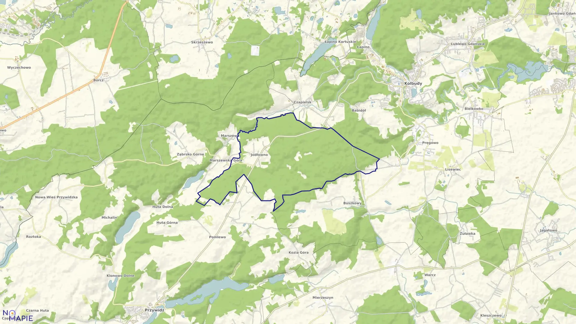 Mapa obrębu Jodłowno w gminie Przywidz